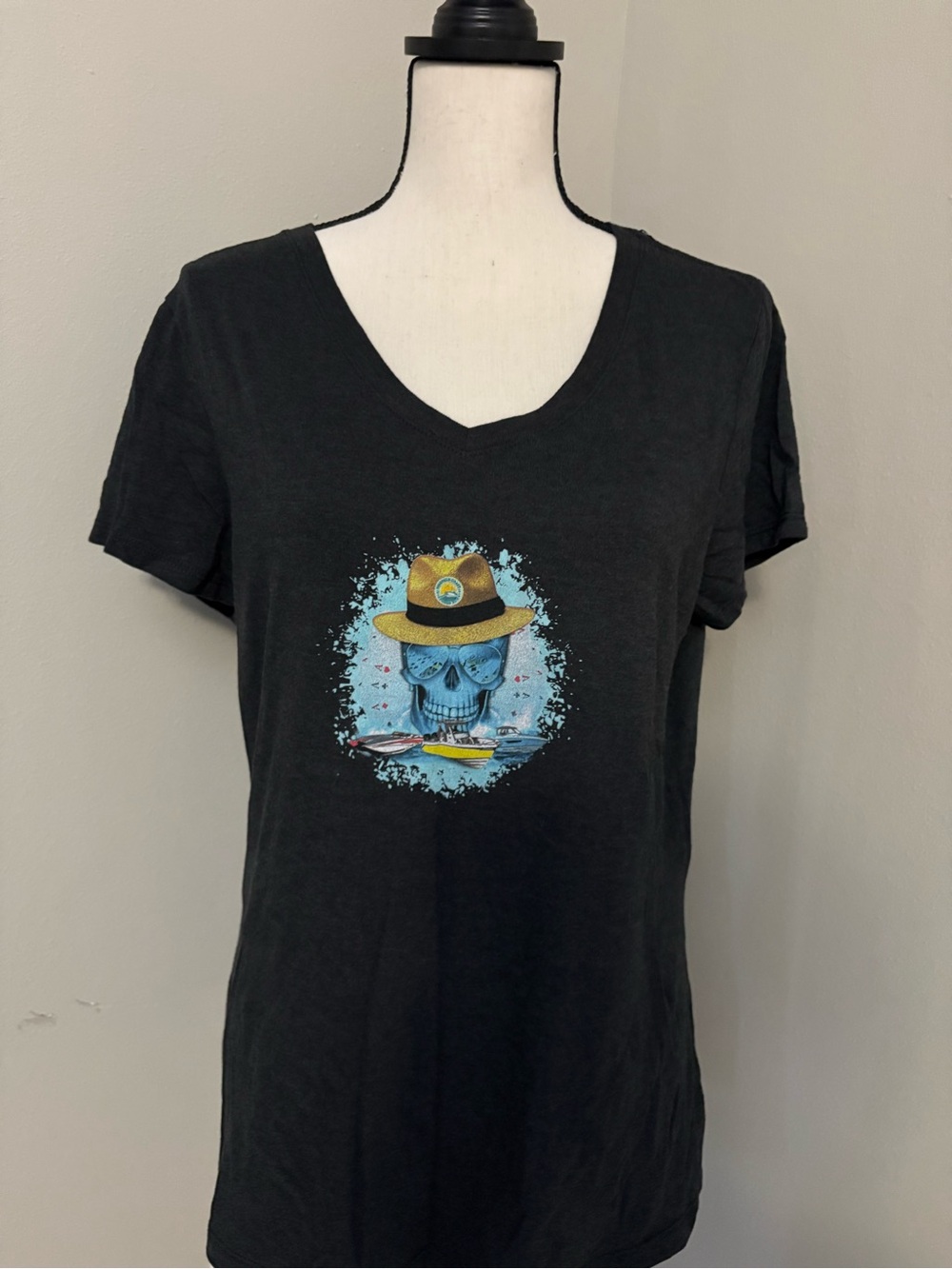 District Made Ladies- Black V-Neck Tee with Straw Hat Skull Graphic